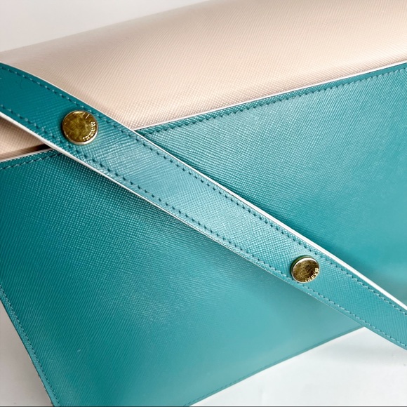 Marni Large Accordion Shoulder Bag Cream Teal Trunk Purse Leather Flap Front - Picture 13 of 13